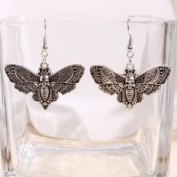 Moth Skull Gothic Dangle Earrings - Picture 2 of 7